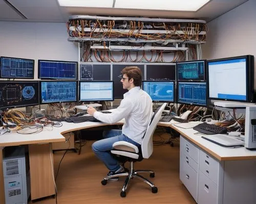 Modern computer room, futuristic laboratory, processor design solutions, chapter 4, open textbook, wooden desk, ergonomic chair, male engineer, 30s, glasses, messy brown hair, white shirt, blue jeans,