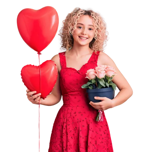 Happy Valentine's girl, pink dress, curly blonde hair, sweet smile, rosy cheeks, sparkling eyes, holding heart-shaped balloon, surrounded by red roses, soft focus, warm lighting, shallow depth of fiel