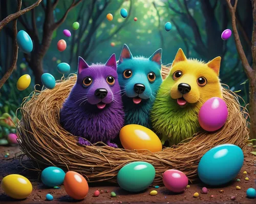 animated wobbledogs, colorful creatures, laying eggs, playful action, cartoonish style, vibrant textures, soft fur, exaggerated expressions, nest building, quirky environment, whimsical, bright lighti