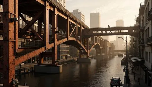 Rustic steel bridges, industrial constructivism style, exposed rivets, bold geometric shapes, diagonal beams, cantilevered sections, suspended walkways, urban cityscape, misty morning atmosphere, warm