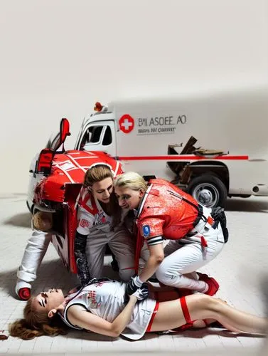 Destroyed white German Red Cross Mercedes ambulance with an injured woman in front of it.,ambulacral,ambulances,paramedics,ambulance,paramedicine,cardiopulmonary resuscitation,paramedic,emergency ambu