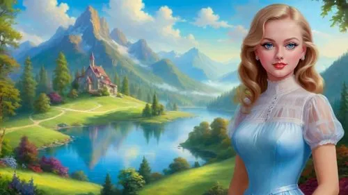 Romantic masterpiece oil painting, beautiful slim busty woman portrait, nostalgic 1950's style kitsch, standing in front of a breathtaking beautiful epic vast landscape, majestic vibrant lush wilderne