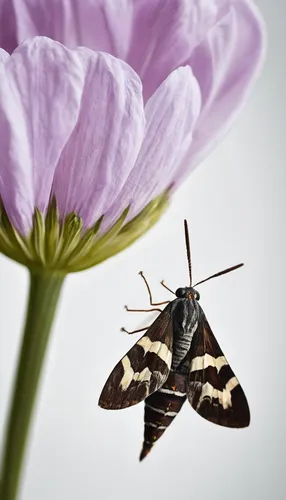 Write a poetic description of a Picasso moth perching on a delicate flower petal.,macroglossum stellatarum,skipper (butterfly),melanargia,melanargia galathea,butterfly moth,hawkmoth,snout moths,underw