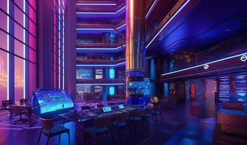 this is a scene of the inside of a building at night,nightclub,ufo interior,neon cocktails,spaceland,retro diner,spaceship interior,Photography,General,Sci-Fi