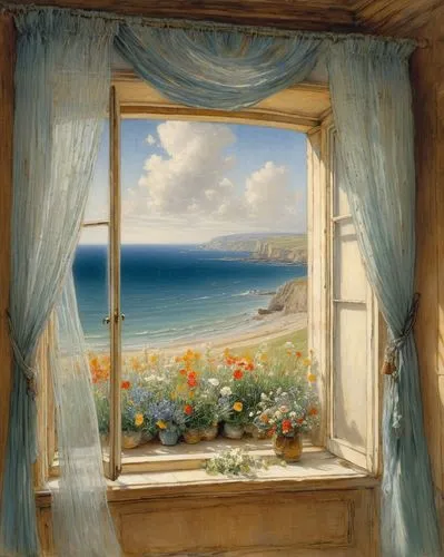 window with sea view,bedroom window,landscape with sea,the window,open window,windowsill,bay window,window,window view,sea view,french windows,window with shutters,window curtain,window to the world,window sill,sea landscape,window treatment,seaside view,window covering,window front,Art,Classical Oil Painting,Classical Oil Painting 13