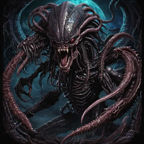 kraken,calamari,alien warrior,scorpio,cuthulu,alien,cg artwork,gorgon,ringed-worm,iridigorgia,parasite,venom,malégon,zodiac,sea devil,black dragon,predator,wyrm,medusa gorgon,collectible card game,Illustration,Realistic Fantasy,Realistic Fantasy 47