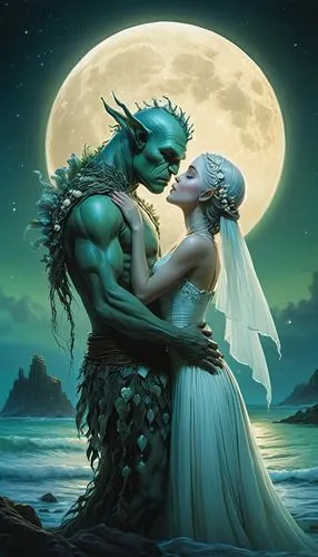 fantasy picture,amorous,green dragon,kissing frog,merfolk,romantic scene,love in the mist,fantasy art,the night of kupala,green mermaid scale,capricorn mother and child,romantic portrait,forbidden love,couple in love,mermaid background,romance,honeymoon,romantic night,beautiful couple,the zodiac sign pisces,Illustration,Abstract Fantasy,Abstract Fantasy 06