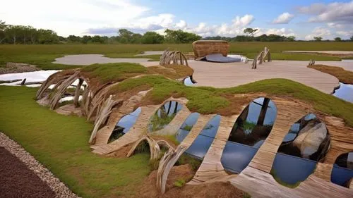 a view of a large field with a curved wooden structure,cahokia,earthship,mirror house,sculpture park,jasenovac,k13 submarine memorial park,Photography,General,Realistic