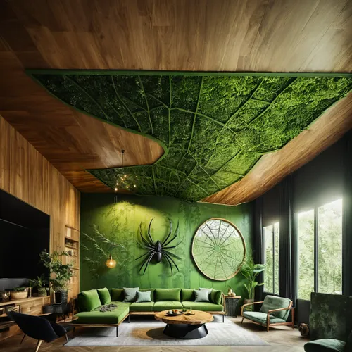 green living,tree house,intensely green hornbeam wallpaper,interior modern design,interior design,modern decor,bamboo curtain,houseplant,room divider,tree house hotel,house in the forest,garden design