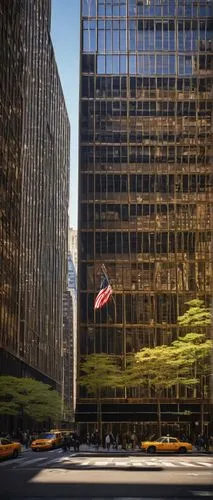 Paul Goldberger, Seagram Building, skyscraper, New York City, urban landscape, modernist style, bronze exterior, sleek lines, geometric shapes, glass and steel structure, bustling streets, daytime, su