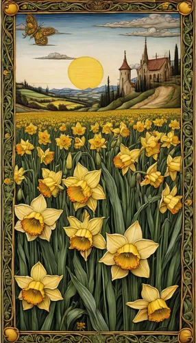 Tell a story about a magical daffodil field that brings eternal happiness.,daffodil field,jonquils,daffodils,tulips field,the trumpet daffodil,tulip field,tulip festival,yellow daffodils,yellow tulips