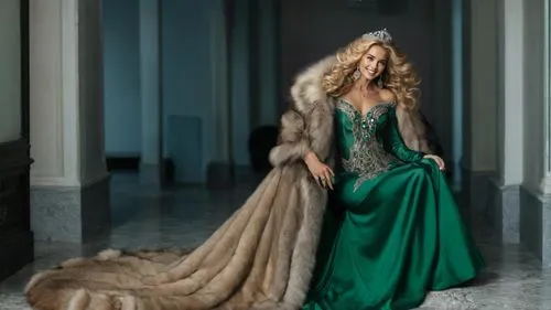 very beautiful woman,  with very long ,floor length, blond wavy hair, smiling, wearing a floor length evening dress and shining emerald bracelets, rings, necklace, earrings and tiara and a floor lengt