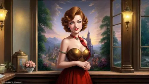 Romantic masterpiece oil painting, cute girl portrait, nostalgic 1950's style kitsch, vast kingdom landscape, beautiful scenery, by Thomas Kinkade, by Bob Ross,maureen o'hara - female,satine,world dig