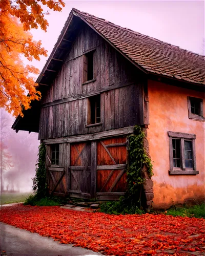 half-timbered house,old barn,wooden house,barn,old house,timber framed building,red barn,farm house,danish house,lonely house,autumn background,autumn frame,traditional house,autumn idyll,country cottage,farmhouse,autumn landscape,ancient house,country house,timbered,Illustration,Paper based,Paper Based 11