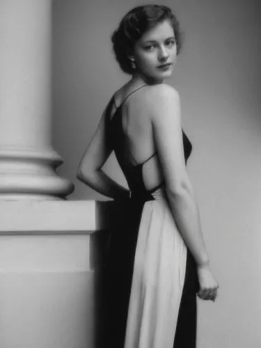 A lady from the 1940s in front of a classical column.,a black and white pograph of a woman posing in a dress,olivia de havilland,ingrid bergman,rampling,sarandon,feldshuh,ziegfeld,Photography,Black an