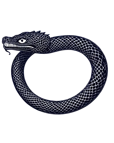 Ouroboros snake, tattoo art, black ink, bold lines, circular composition, symmetrical design, snake's head biting its own tail, scales detailed, shading gradient, 3D illusion, dark background, spotlig