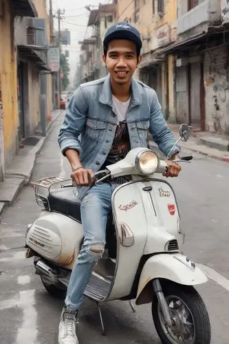 Watercolor painting In an Indonesian landscape, a young man with a helmet and gloves arrives on a small winding road on a 1975 Vespa Piaggio motorbike. The word "Scooter" above is clearly legible, the