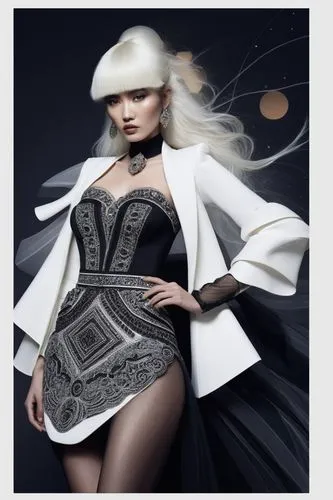 white hair,a model in a white coat and dress,derivable,art deco woman,fashion vector,silvery,silver lacquer,foiling,Photography,Artistic Photography,Artistic Photography 12