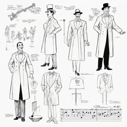 costume design,frock coat,sewing pattern girls,musical sheet,sheet music,a uniform,trench coat,chef's uniform,old music sheet,overcoat,sheet drawing,music sheet,uniforms,nurse uniform,imperial coat,retro paper doll,advertising figure,illustrations,men's suit,costumes,Unique,Design,Character Design