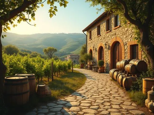 Rolling vineyards, lush green hills, rustic stone buildings, wooden wine barrels, grape harvesting equipment, wine cellar doors, arched windows, Mediterranean architecture, warm earthy tones, natural 