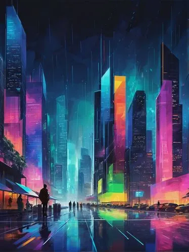 colorful city,cityscape,cybercity,futuristic landscape,cyberpunk,fantasy city,cyberport,guangzhou,atmospheres,cyberworld,metropolis,cityzen,world digital painting,futuristic,cybertown,urbanworld,cyberscene,hypermodern,colored lights,colorful background,Illustration,Vector,Vector 07