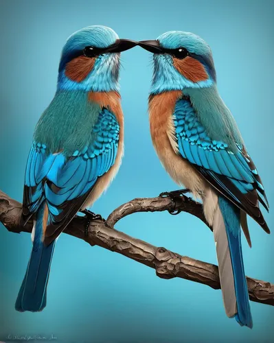 """""""racquet tailed rollers blue birds of africa""""  (2011) by rchristophervest""",bird couple,parrot couple,colorful birds,couple macaw,songbirds,perched birds,birds on a branch,humming bird pair,