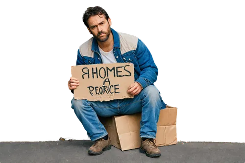 Homeless man, rugged face, worn-out clothes, dirty beard, messy hair, tattered jacket, ripped jeans, scuffed shoes, sitting on sidewalk, holding cardboard sign, sad expression, morning light, shallow 