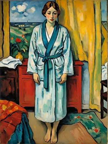 Lady in a dressing gown. Let the motif appear as a French impressionist painting as if it had been painted by Edgar Degas.,an oil painting on paper of a woman in a bathrobe,girl with cloth,matisse,cez