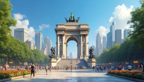 Grand, majestic urban monument, city square, metropolitan landscape, daytime, sunny weather, clear blue sky, few white clouds, intricate stone carvings, ornate bronze details, towering pillars, grand 