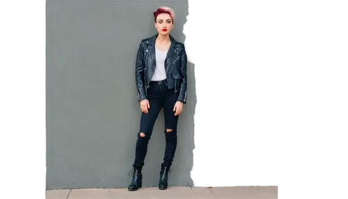 Bisexual woman, confident posture, short hair, bold eyebrows, red lipstick, tattooed arms, black leather jacket, ripped jeans, combat boots, leaning against wall, city street background blurred, 3/4 c