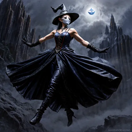 Beautiful Witch wearing mask, floating sky,sorceress,blue enchantress,halloween witch,celebration of witches,wicked witch of the west,dance of death,witch,the enchantress,fantasy woman,dodge warlock,g