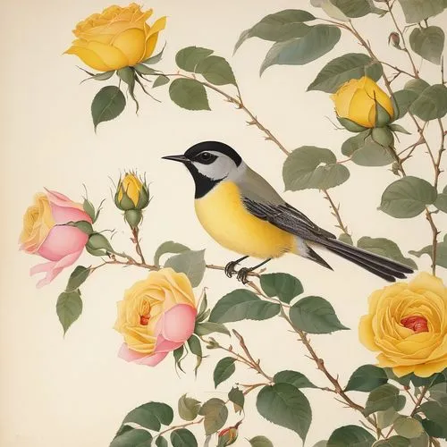 flower and bird illustration,bananaquit,eastern yellow robin,yellowthroat,bird painting,audubon,Illustration,Japanese style,Japanese Style 21