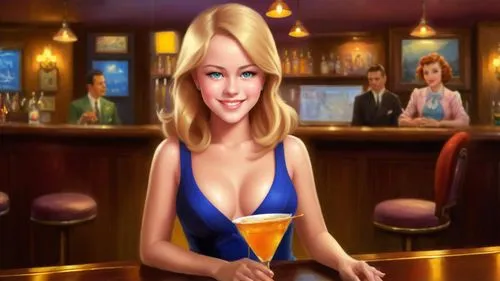 Romantic kitsch masterpiece oil painting, cute girl portrait, lounge singer, classic 1940's style bar, nostalgic retro American vintage scenery, by Thomas Kinkade, high res,barmaid,waitress,bartender,