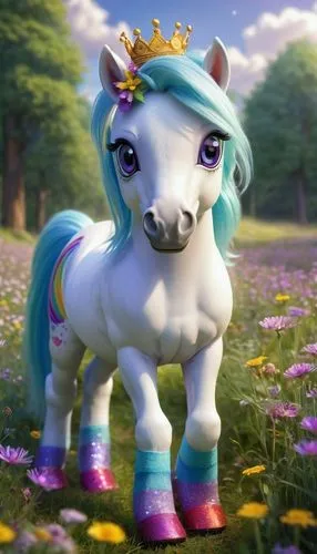 Magical pony, custom OC, pastel colored mane, sparkly blue eyes, delicate eyelashes, flowing silver tail, rainbow striped socks, glittery purple hooves, wearing a tiny golden crown, holding a heart-sh