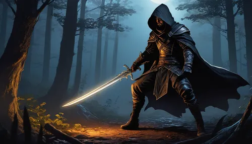 hooded man,grimm reaper,lightsaber,quarterstaff,dark elf,the wanderer,cg artwork,assassin,swordsman,massively multiplayer online role-playing game,awesome arrow,swordsmen,darth wader,jedi,grim reaper,robin hood,black warrior,hooded,darth vader,lone warrior,Illustration,Black and White,Black and White 02