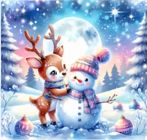 christmas snowy background,winter background,winter animals,winter deer,christmas buffalo raccoon and deer,cute cartoon image