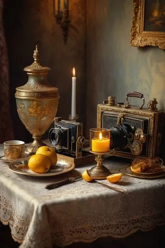 still life photography,tea service,malplaquet,antiquaires,tureens,tablescape,still life,vintage dishes,apothecaries,victorian kitchen,tabletop photography,antiques,miniaturist,tea still life with melon,antiqued,autumn still life,vintage kitchen,antique style,still life elegant,candlemaker,Art,Classical Oil Painting,Classical Oil Painting 09