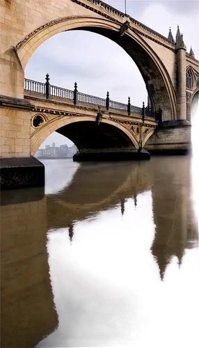 London Bridge, iconic landmark, stone arches, river Thames, cloudy sky, morning mist, warm sunlight, 3/4 composition, low-angle shot, detailed stonework, Gothic architecture, historic, atmospheric lig