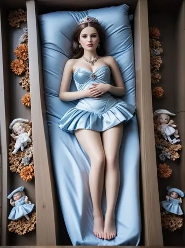 Princess of Bergen in an open coffin with folded hands and flanked by her favorite dolls.,a fake dressed lady on a blue sheet in a wooden box,woman on bed,girl in bed,anorexia,girl with cereal bowl,pr