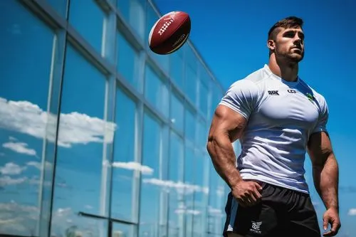 Muscular man, rugby player, strong jawline, short brown hair, intense gaze, athletic build, white rugby jersey, black shorts, sports shoes, holding rugby ball, standing, Grand Prairie TX, modern archi