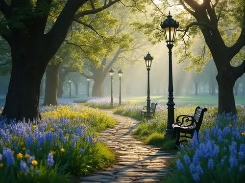 spring morning,tree lined path,walk in a park,park bench,morning mist,morning light,early morning,tree lined avenue,pathway,nature wallpaper,english garden,tree lined,evening atmosphere,meadow rues,tree-lined avenue,wooden bench,daybreak,springtime background,garden bench,full hd wallpaper,Photography,General,Realistic