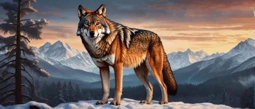 Fierce red wolf, standing proudly, sharp claws, fluffy fur, piercing yellow eyes, bushy tail, majestic posture, snow-capped mountains, misty atmosphere, serene forest, twilight hour, golden lighting, 