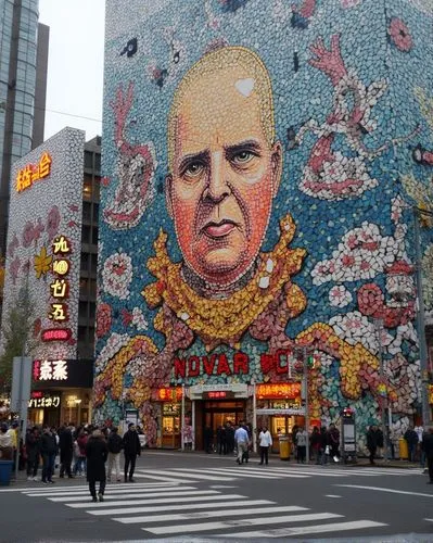 a street corner decorated with a massive painting and colorful lettering,khrushchev,saitama,khruschev,slatkin,gorbachev,yodobashi