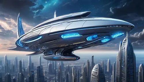 Futuristic trek architecture, sleek spaceship design, metallic silver and gray exterior, curved lines, neon blue lights, intricate mechanical details, towering skyscraper-like structure, surrounded by