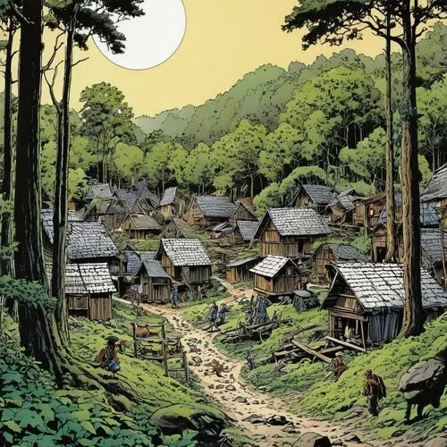 korean folk village,escher village,wooden houses,mountain village,cool woodblock images,nativity village,korean village snow,villages,traditional village,david bates,knight village,mud village,village scene,folk village,aurora village,mountain settlement,shirakami-sanchi,cottages,hanok,chalets,Illustration,American Style,American Style 04