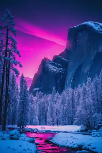 purple landscape,yosemite,snowy landscape,winter landscape,snow landscape,yosemite park,winter background,yosemite national park,beautiful landscape,pink dawn,fantasy landscape,mountain landscape,mountain sunrise,snowy mountains,winter magic,ice landscape,yosemite valley,snowy peaks,landscapes beautiful,mountain scene,Conceptual Art,Sci-Fi,Sci-Fi 27