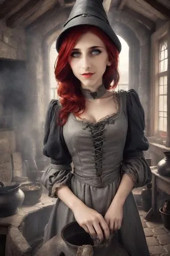 bewitching,gothic woman,witching,the witch,girl in the kitchen,witchfinder,redhead doll,gothic portrait,vampire woman,gretel,bewitch,poisoner,toil,witch,rasputina,witchery,abigaille,morwen,witch house,scotswoman,Photography,Realistic