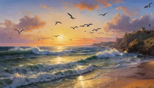 coastal landscape,beach landscape,seascape,sea landscape,landscape with sea,sunrise beach,sea birds,flying sea gulls,birds in flight,seabirds,migratory birds,sunset beach,oil painting,coast sunset,oil painting on canvas,birds of the sea,bird migration,beach scenery,seascapes,birds flying,Art,Classical Oil Painting,Classical Oil Painting 09