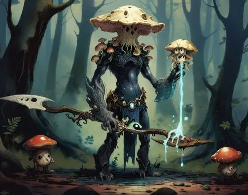 a scary god like mushroom creature with deep eyes is holding a small scared mushroom creature in hand, the mushroom creature in its hand is releasing a shiny slime black goo from its mouth, the sword 