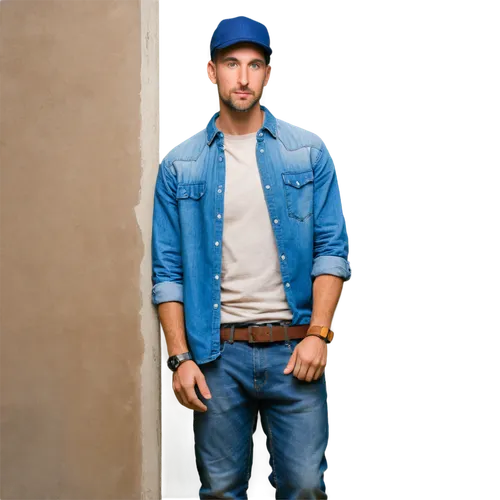 Man, mature, solo, (35yo), strong facial features, short beard, blue eyes, worn cap, casual denim shirt, relaxed fit jeans, brown leather belt, sneakers, leaning against wall, urban setting, natural l